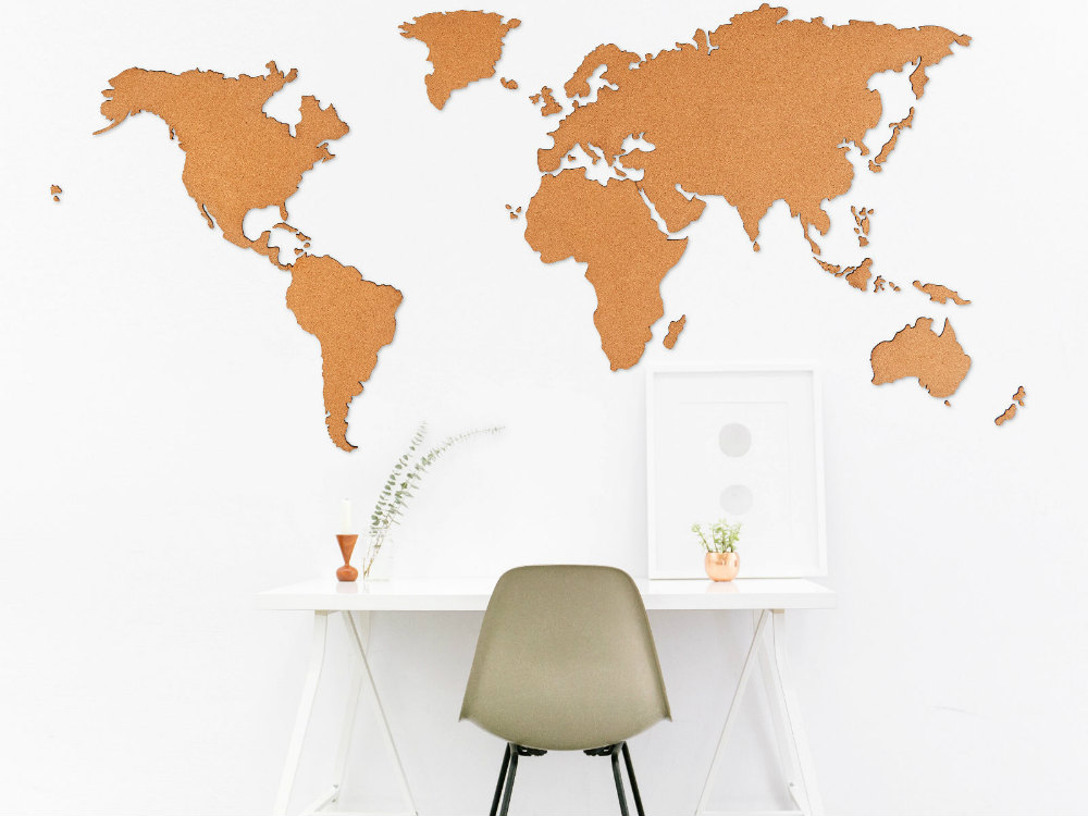 Modern wall decoration and world maps made of cork